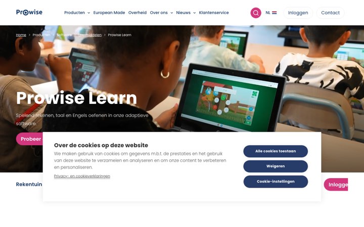 Website van Prowise Learn (Rekentuin, Taalzee)